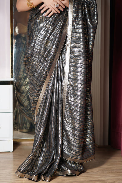 Black Saree with Grey and Golden Sequins