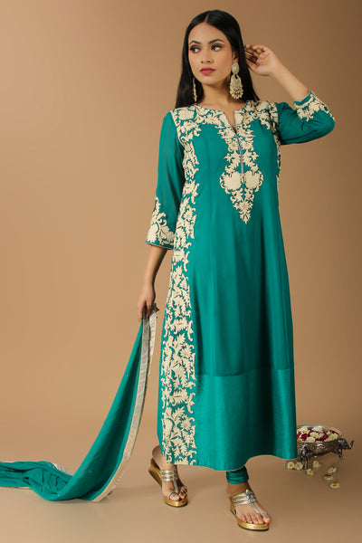 Teal Blue Suit With White Embroidery