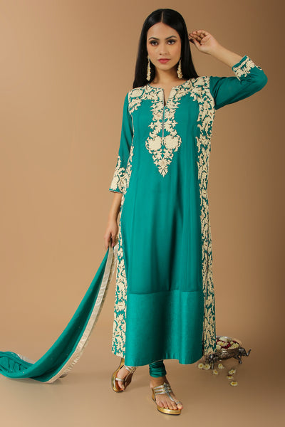 Teal Blue Suit With White Embroidery