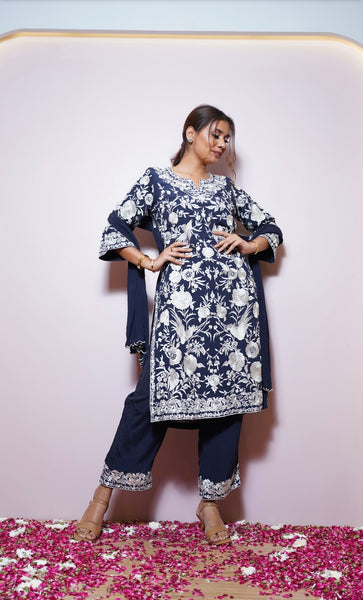 Navy Parsi Suit With Crinkled Dupatta