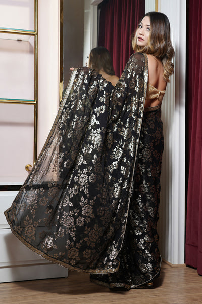 Black Saree with Gold Sequins Floral Embroidery