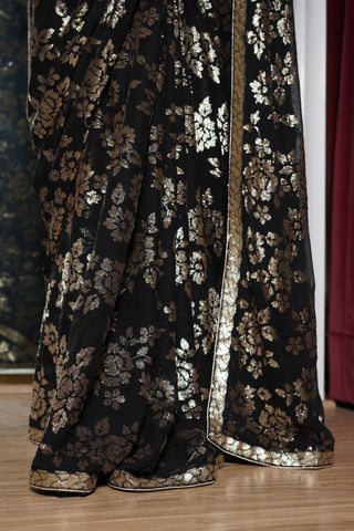 Black Saree with Gold Sequins Floral Embroidery