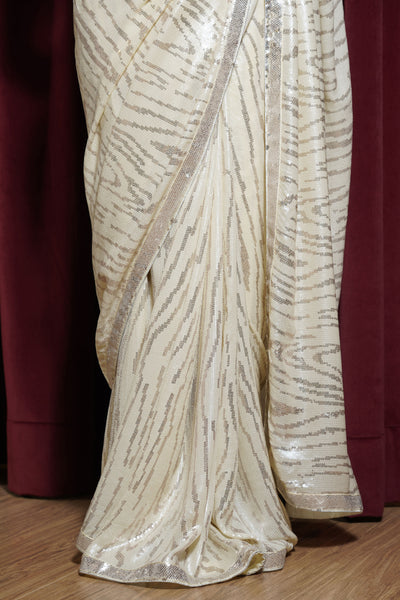 White Saree with Abstract Silver Embroidery
