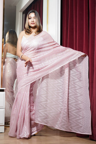 Baby Pink Cocktail Saree with Chevron Sequins