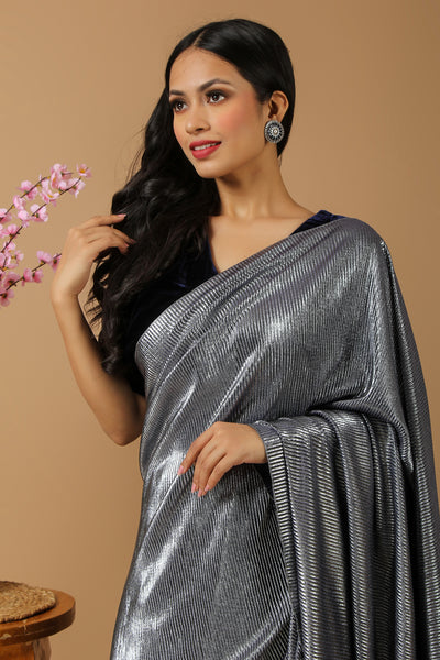 Silver & Navy Crinkle Cocktail Saree